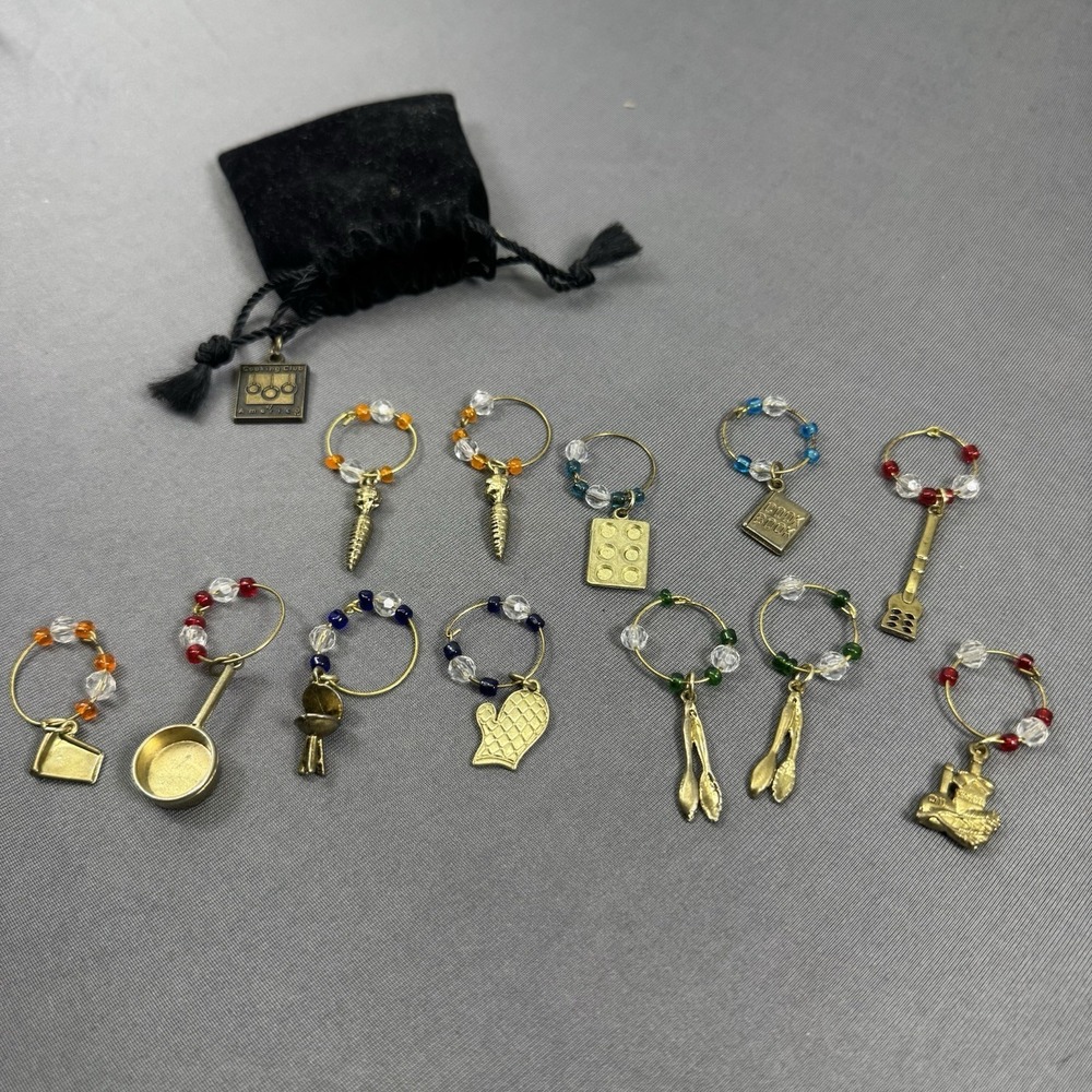 Cooking Club Of America Wine Glass Cooking Themed Charms (12) With Velvet Bag